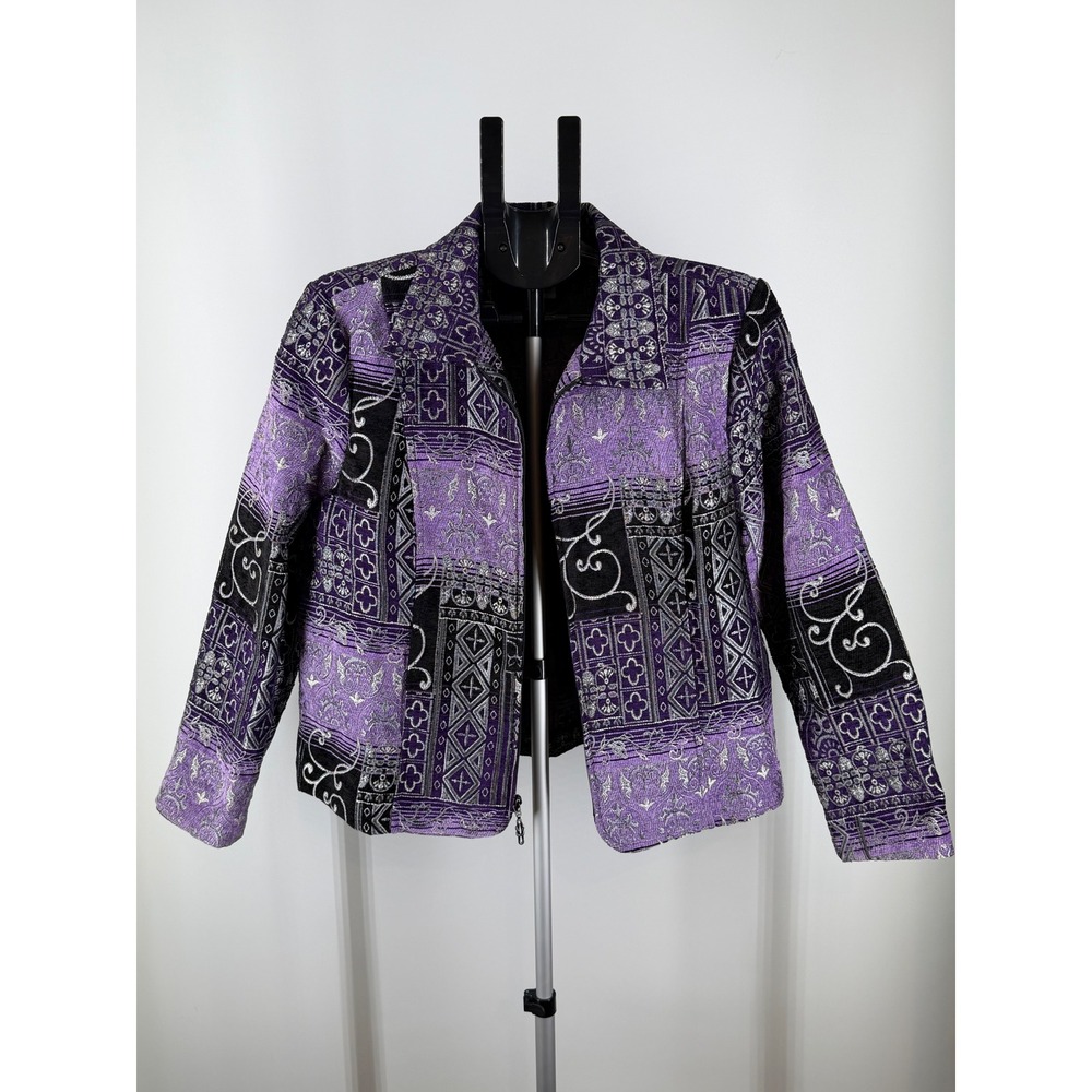 Molly & Maxx‎ Petite Purple Black Tapestry Patchwork Zip Jacket Blazer PL